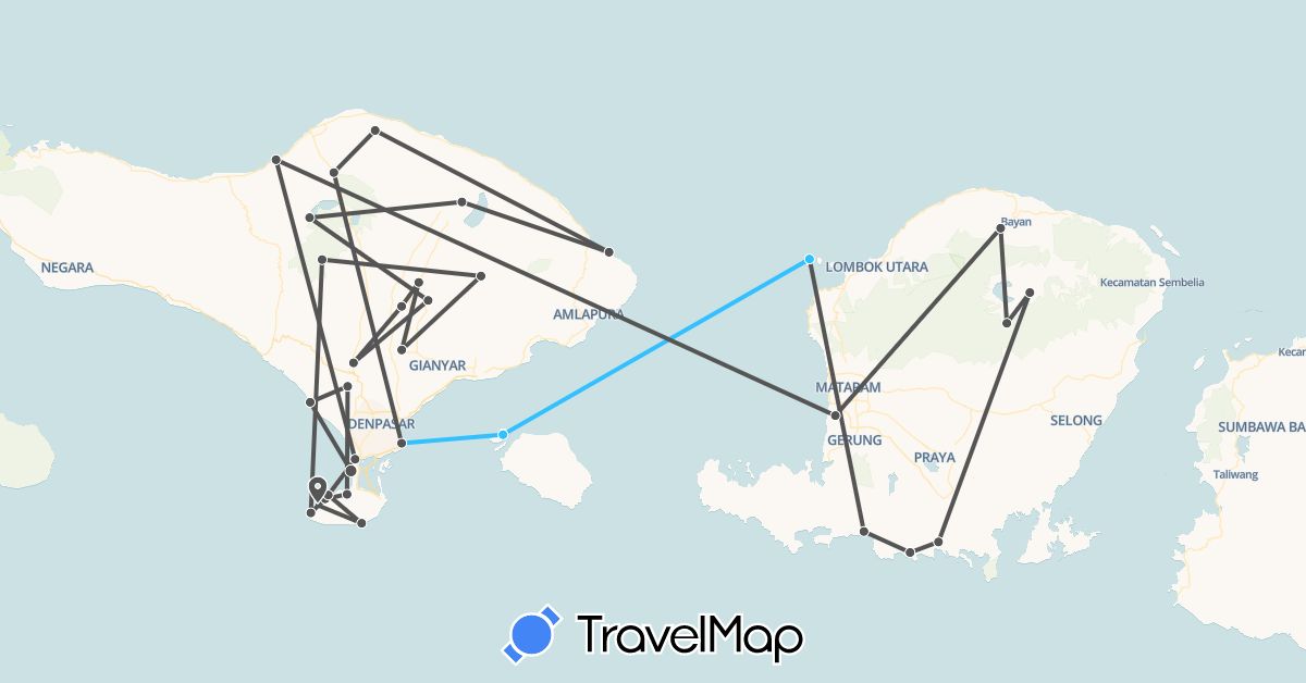 TravelMap itinerary: plane, boat, motorbike in Indonesia (Asia)